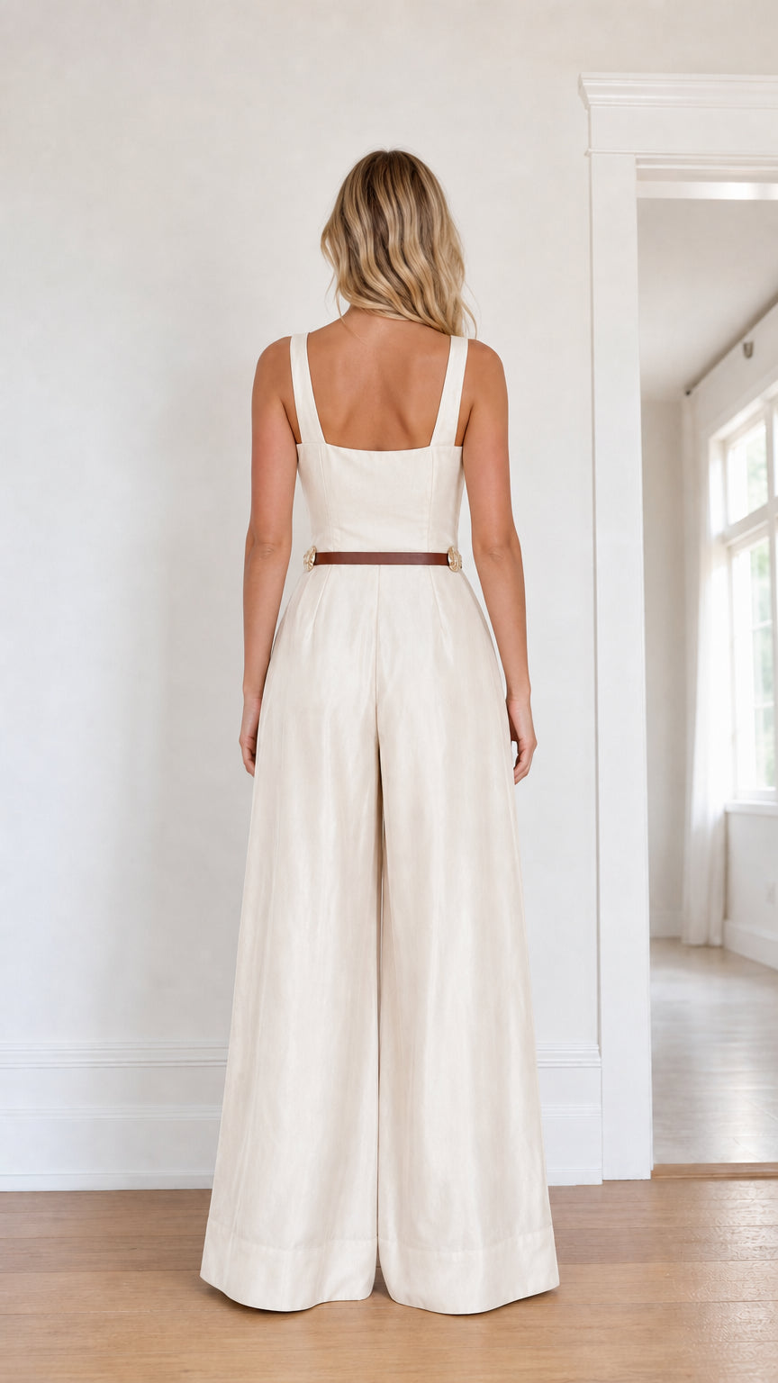 Back view of model wearing ivory wide leg jumpsuit