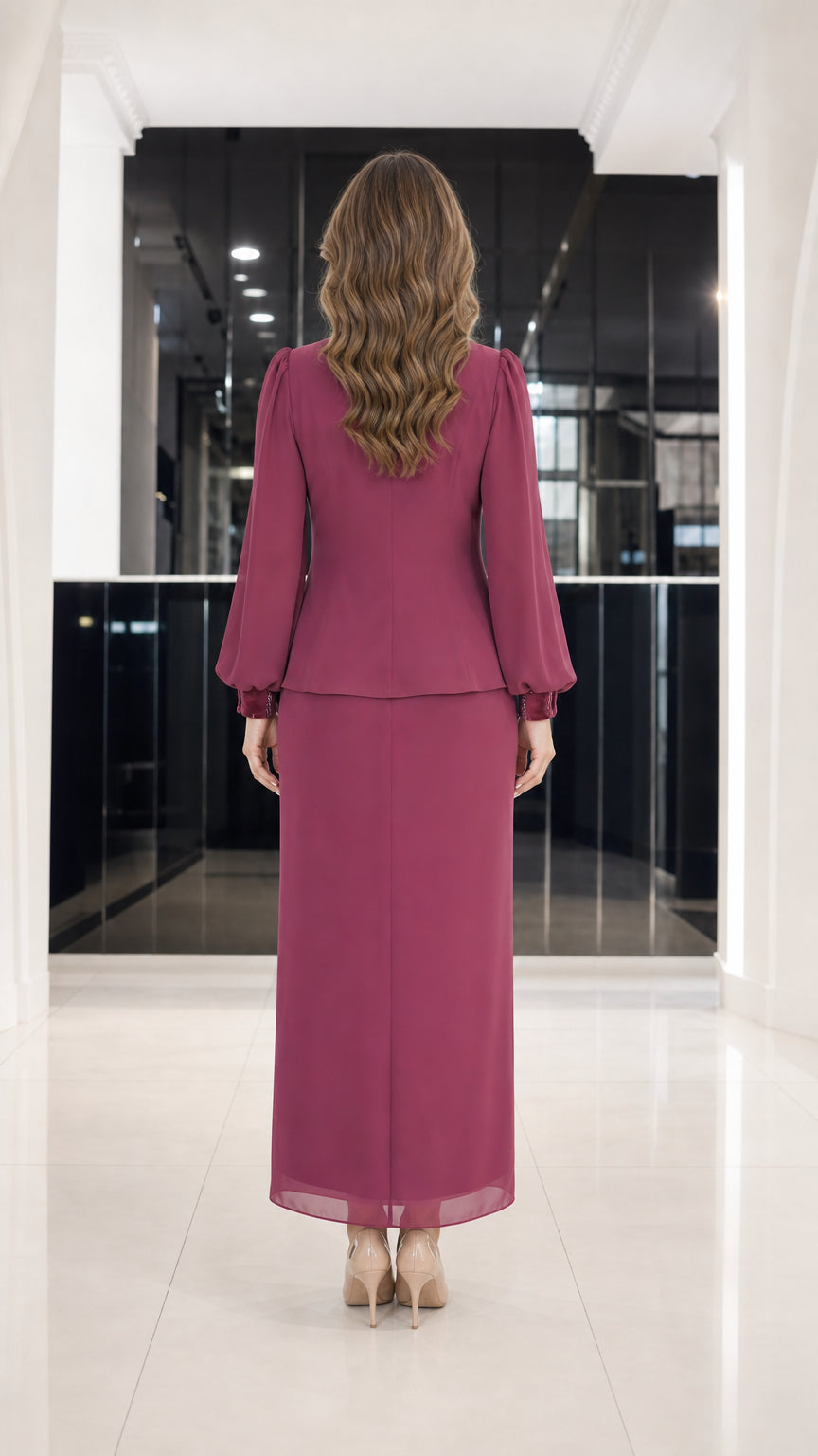 Back view of burgundy maxi dress