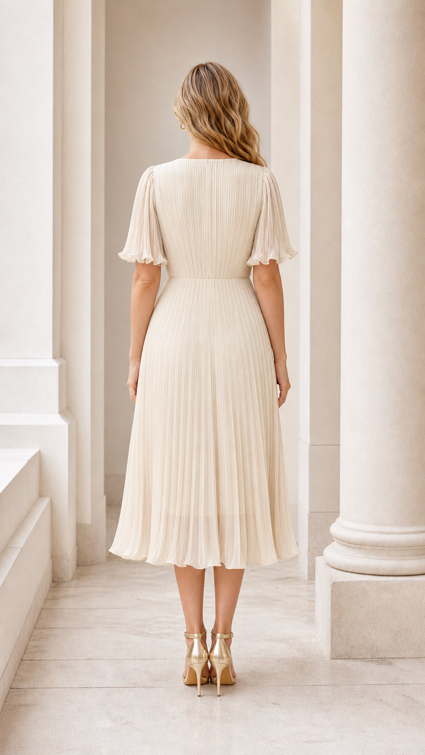 Back view of the champagne pleated midi dress