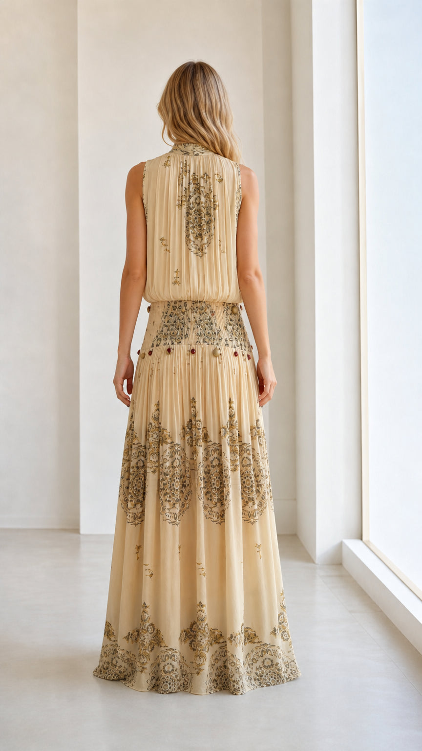 Back view of beige bohemian maxi dress