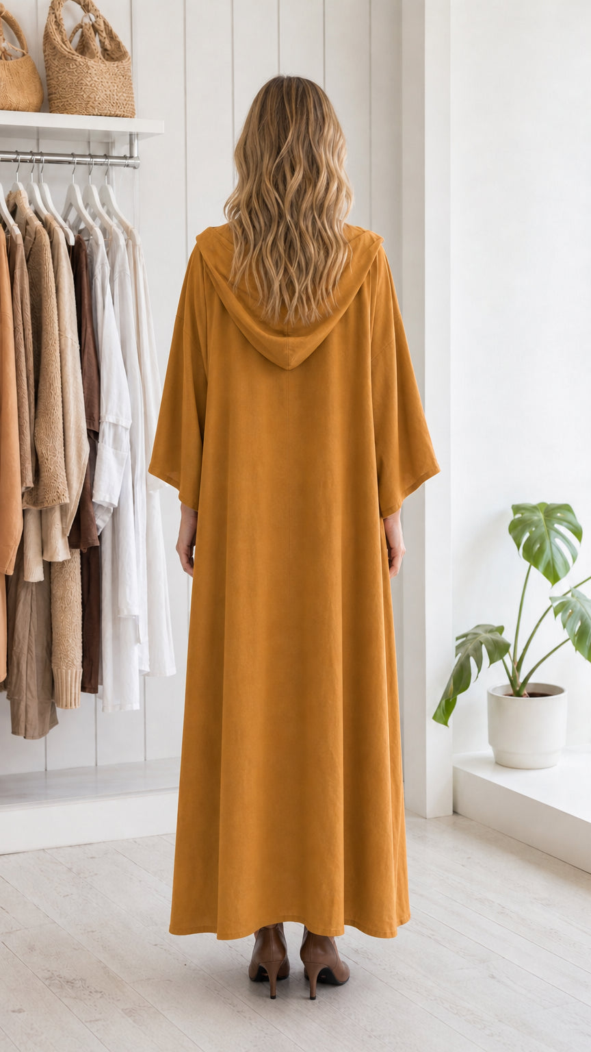 Back view of woman in mustard hooded maxi dress