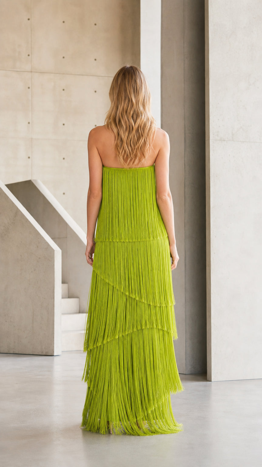 Back view of chartreuse fringe maxi dress