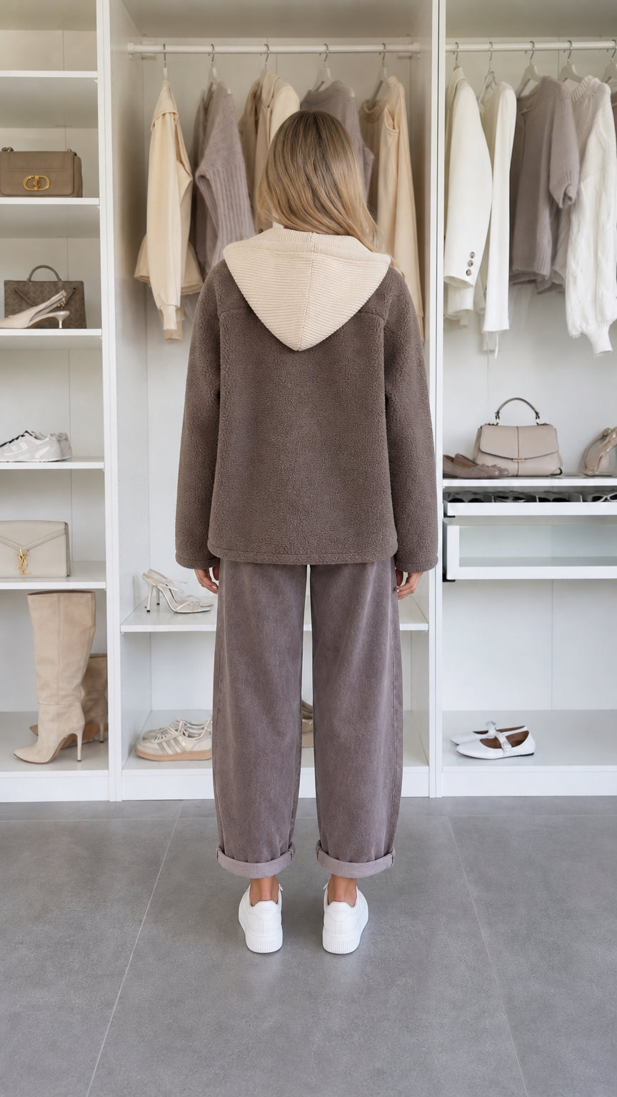 Back view of model wearing brown fleece hoodie and pants