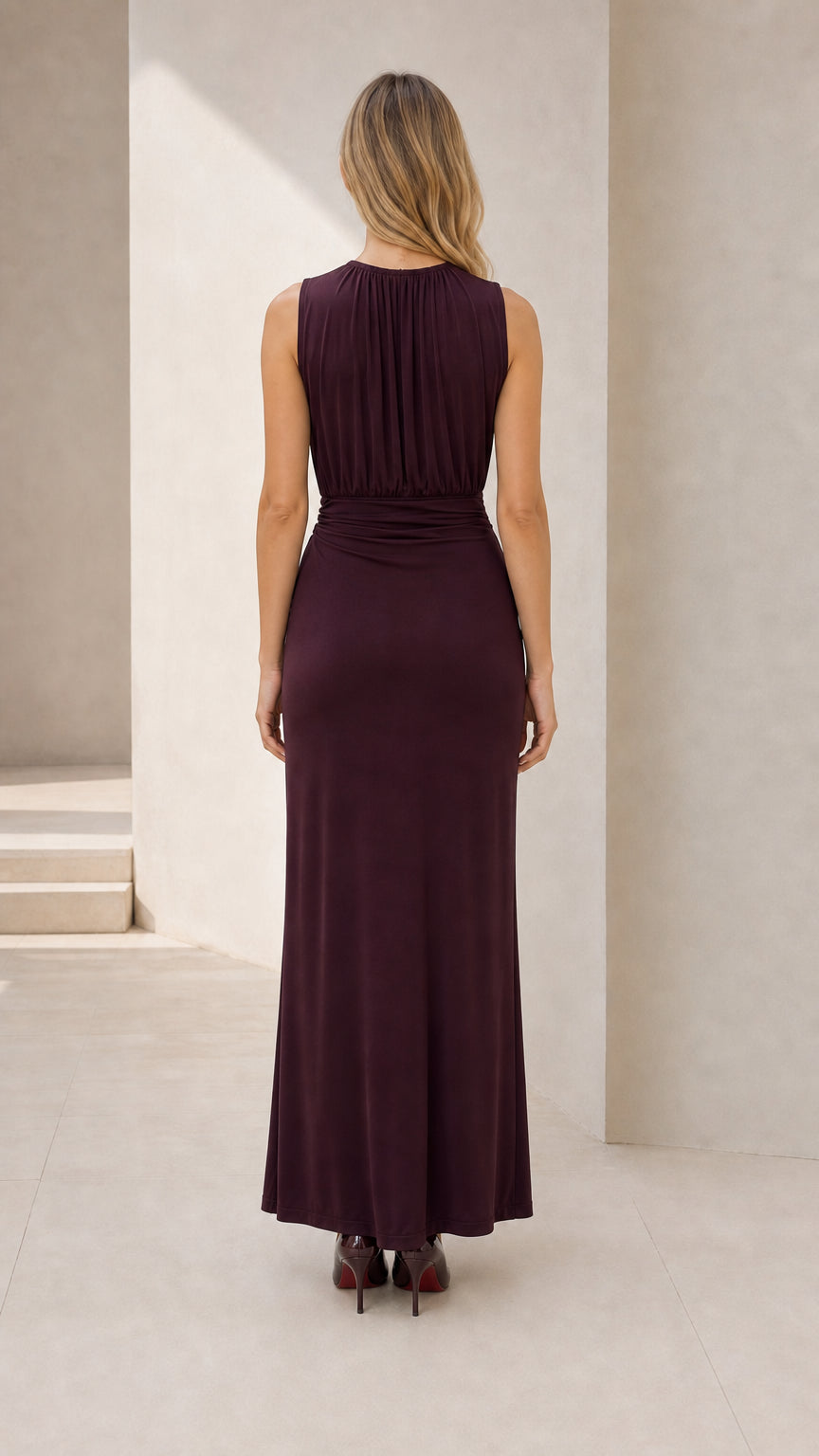 Back view of burgundy maxi dress