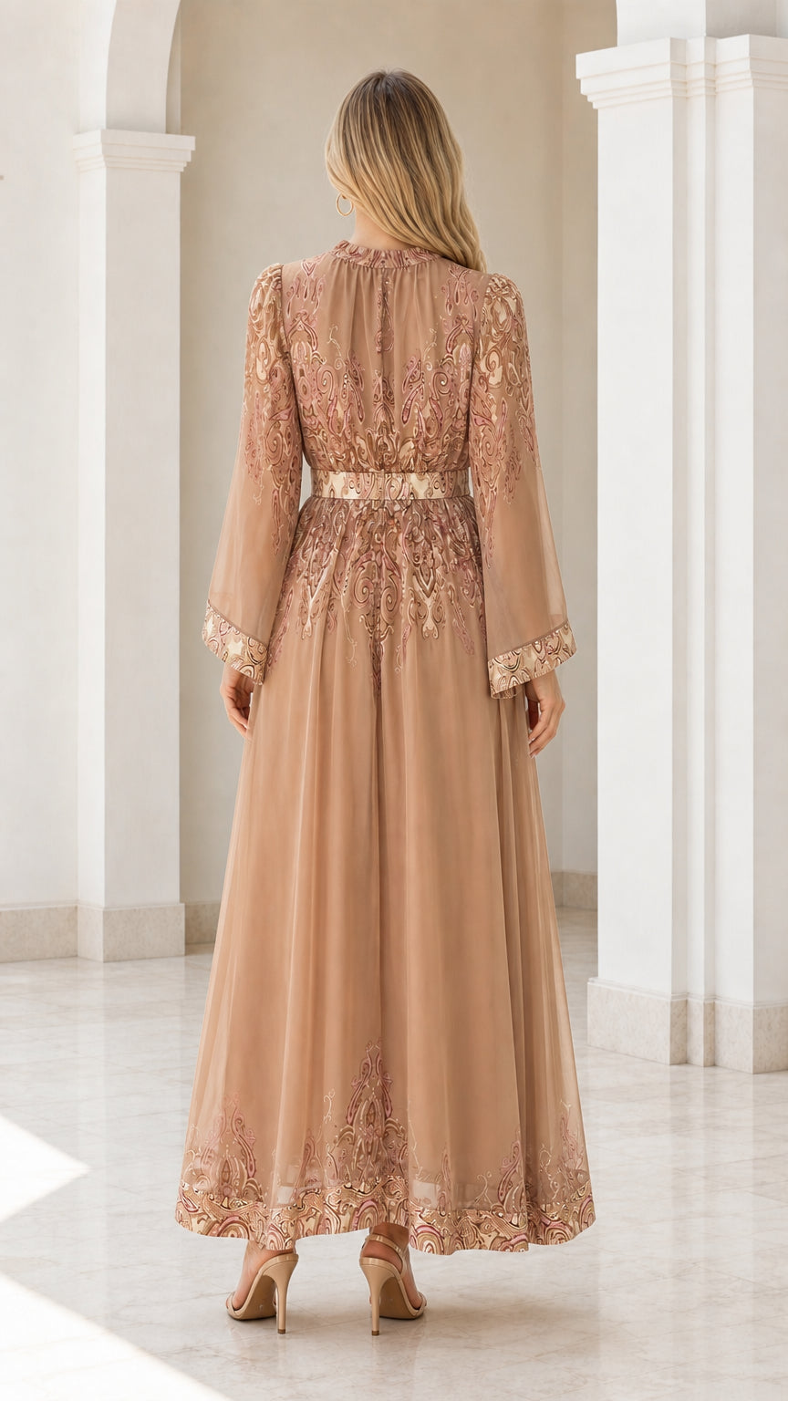 Back view of camel paisley maxi dress