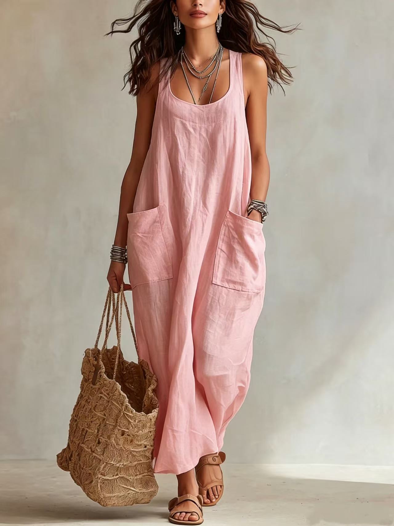 Women's casual sleeveless loose fit maxi jumpsuit in pink