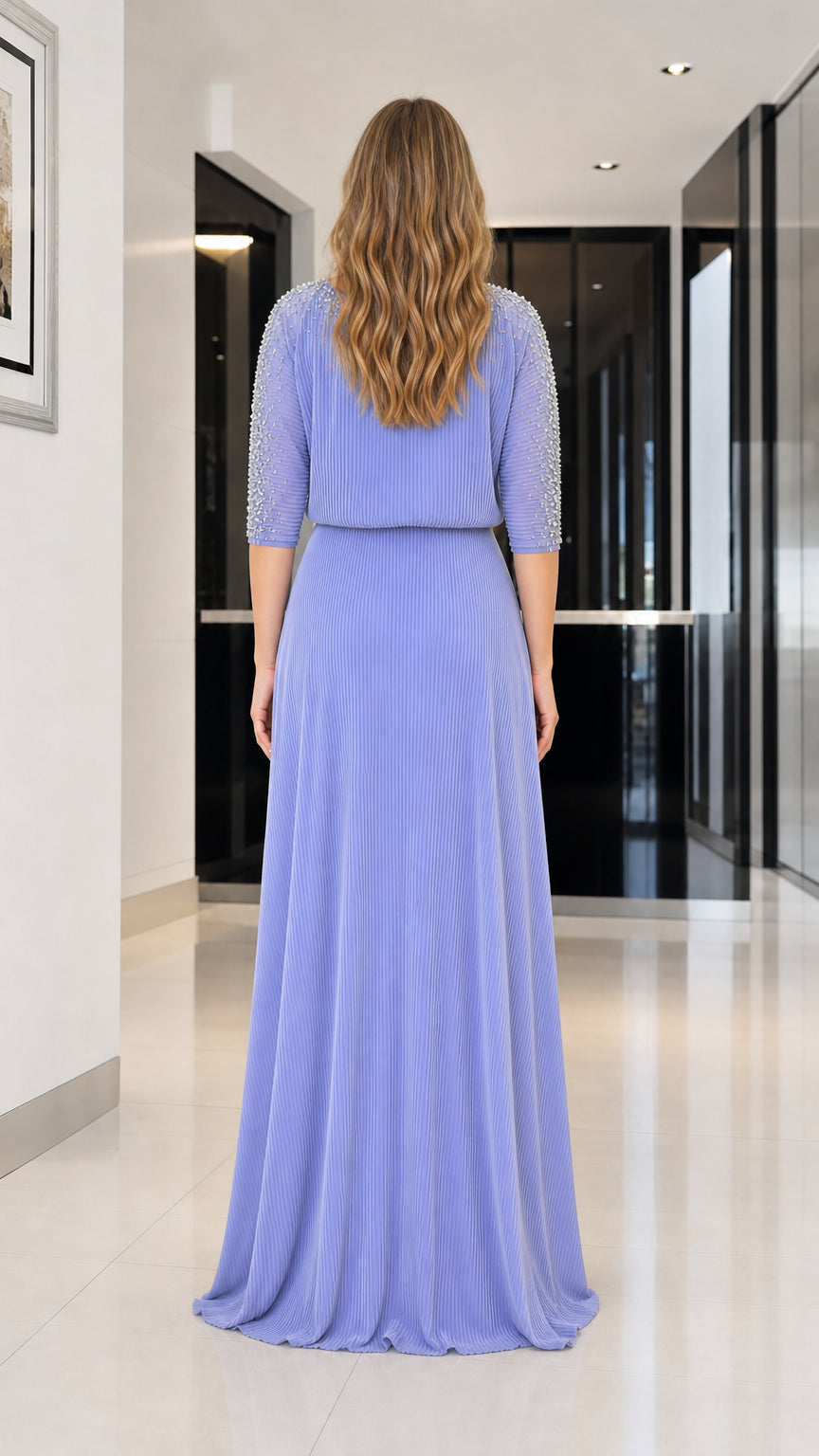 Back view of lavender evening maxi dress