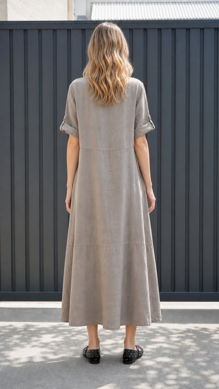 Back view of taupe maxi dress