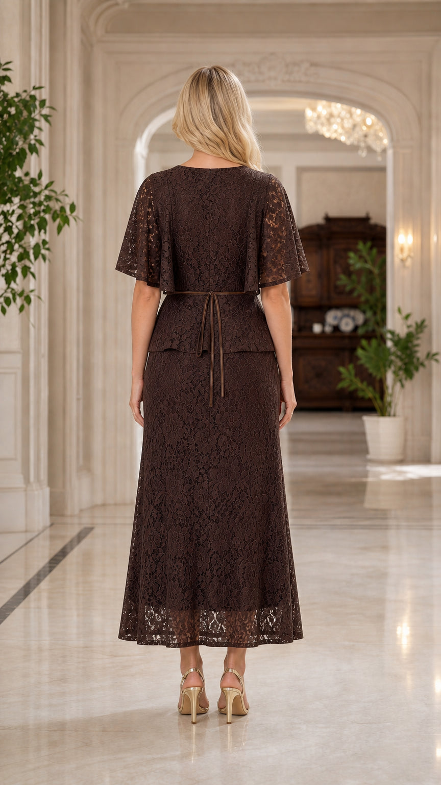 Back view of brown lace maxi dress showing tie detail