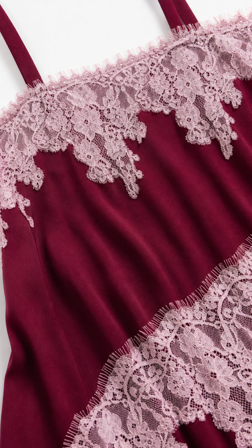 Close-up detail of lace trim on burgundy maxi dress