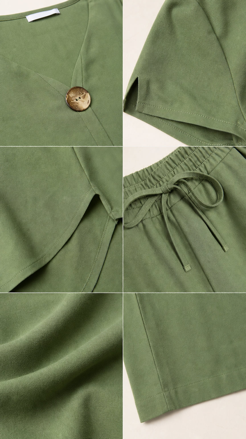Close up details of top button and pants drawstring