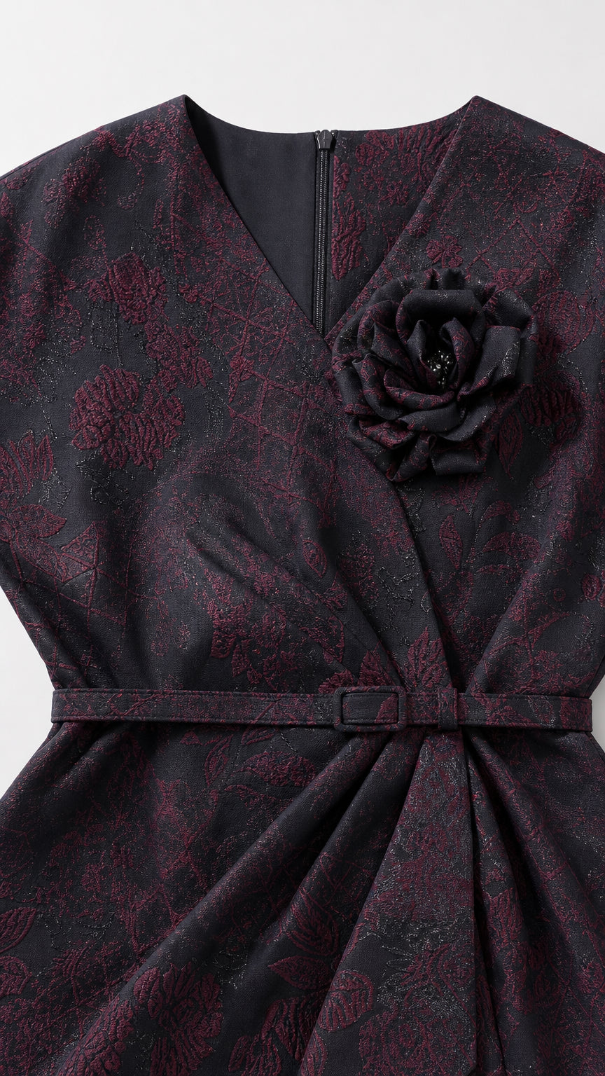 Close-up of V-neckline, belt, and detachable rose brooch detail