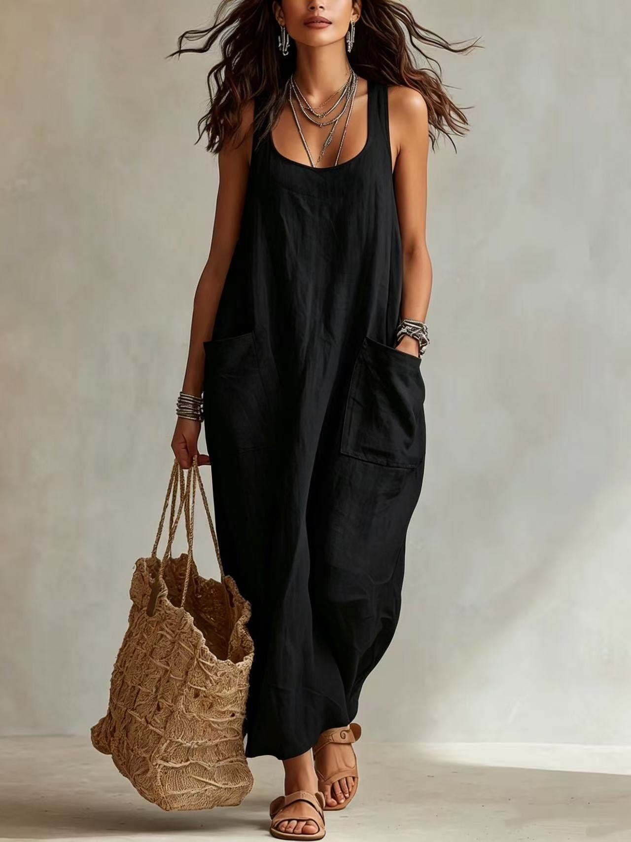 Women's casual sleeveless loose fit maxi jumpsuit in black