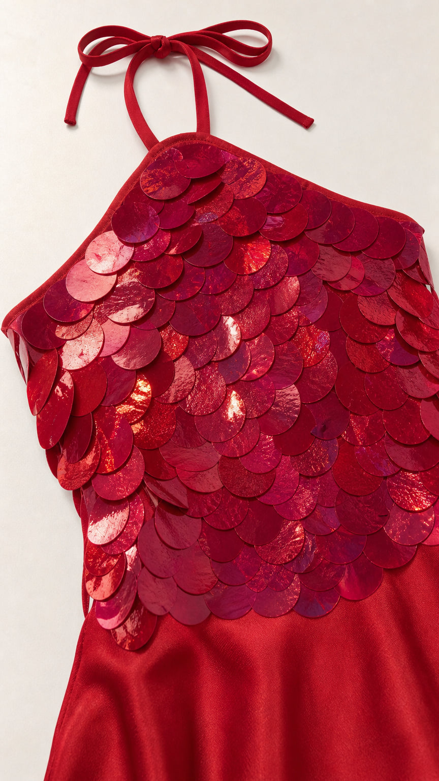 Close-up of red scale sequins on halter top