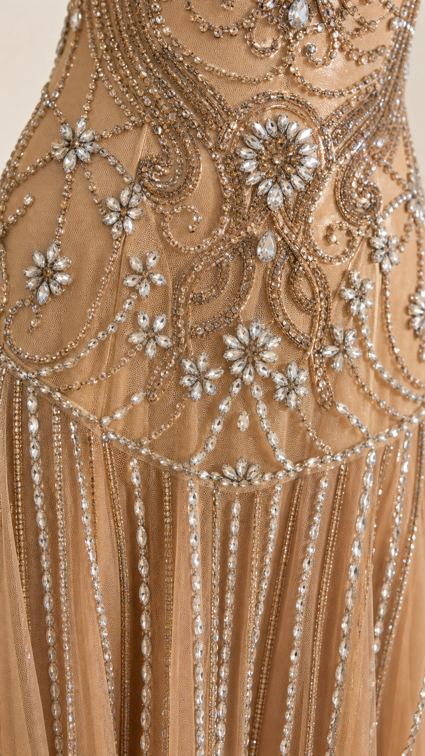 Close-up detail of crystal beadwork on the bodice