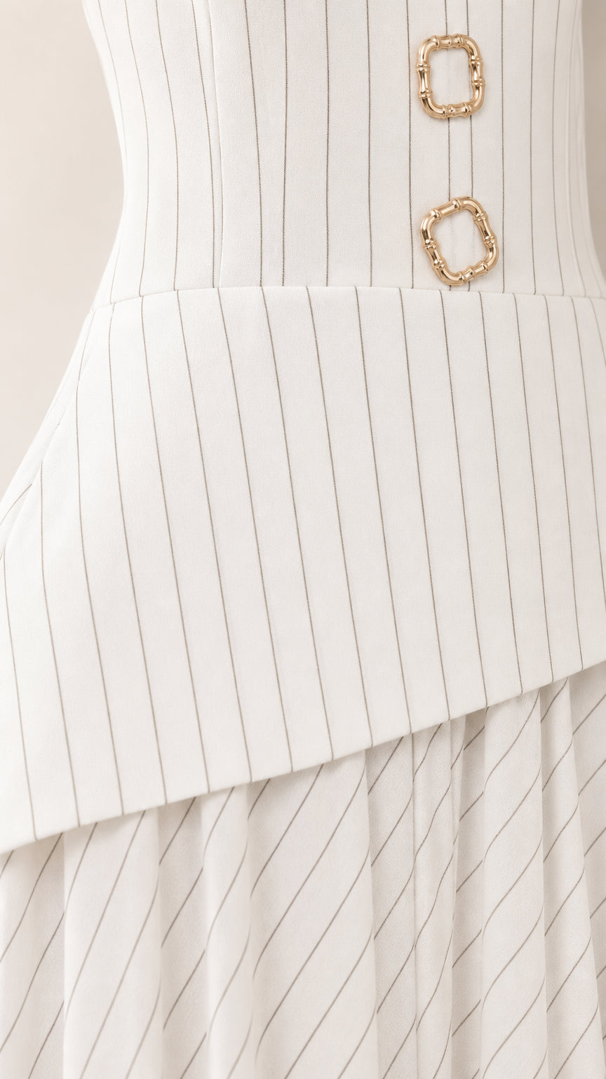 Close-up of metallic hardware buttons and asymmetric peplum hem