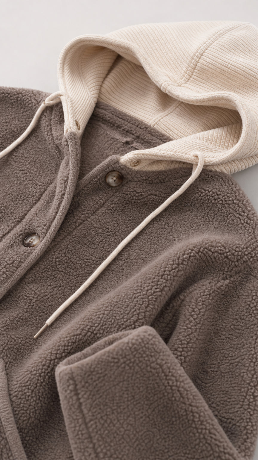 Close-up detail of fleece texture and contrasting hood on brown jacket