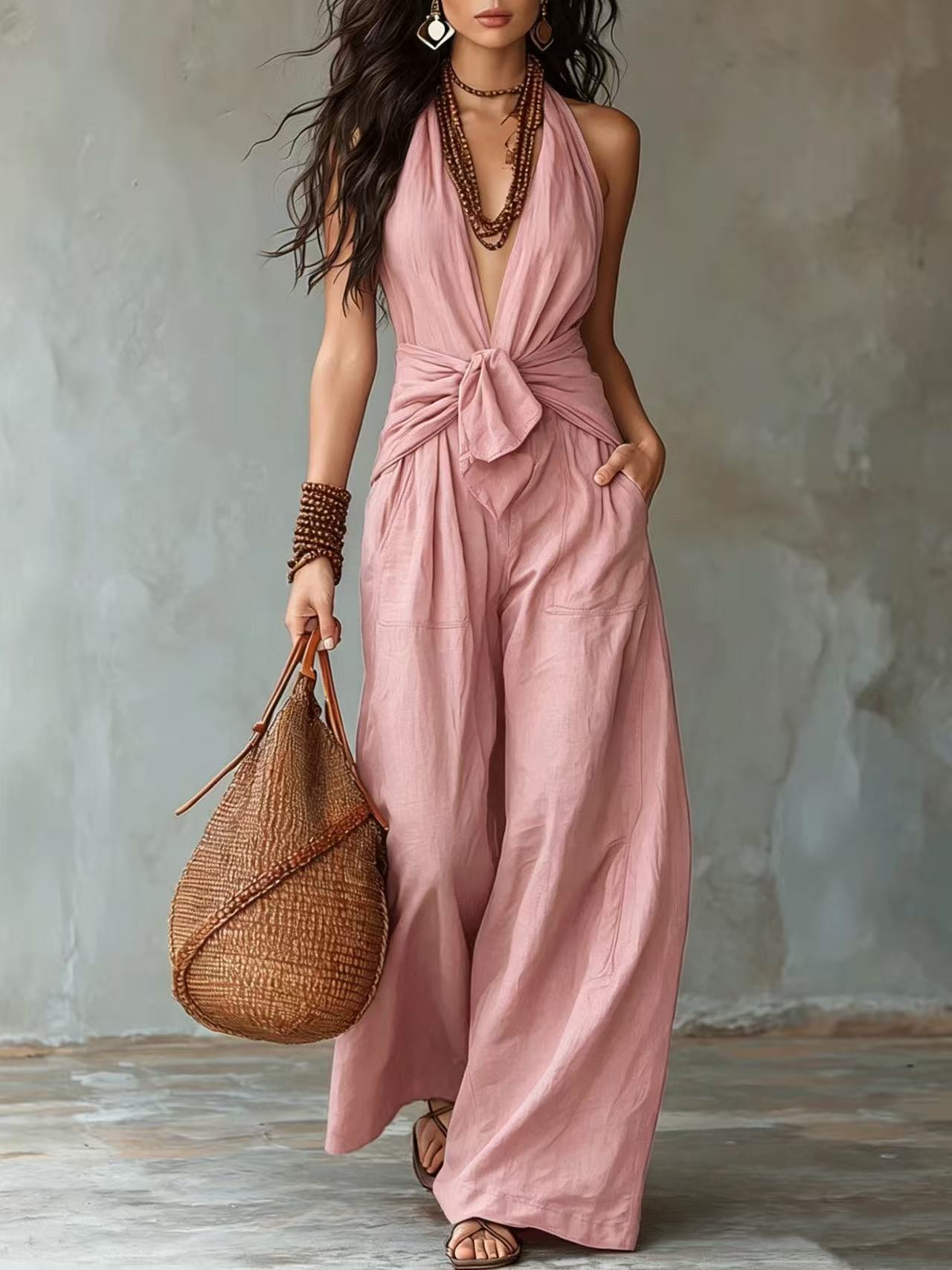 Model wearing pink halter tie waist wide leg jumpsuit