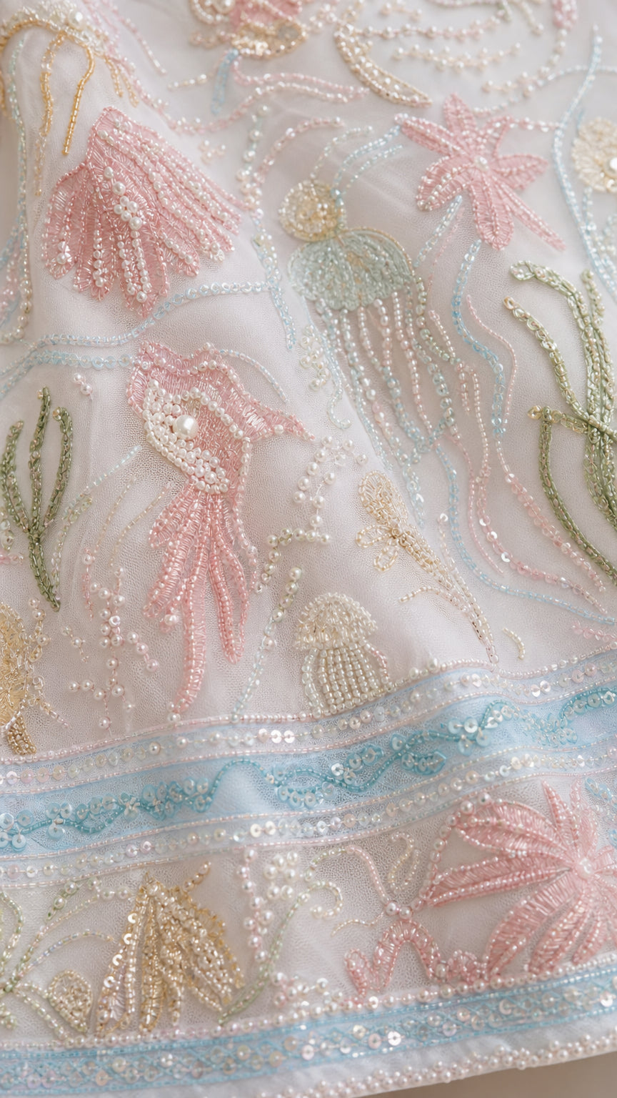 Close-up of floral embroidery, bead-like embellishment, and decorative trim