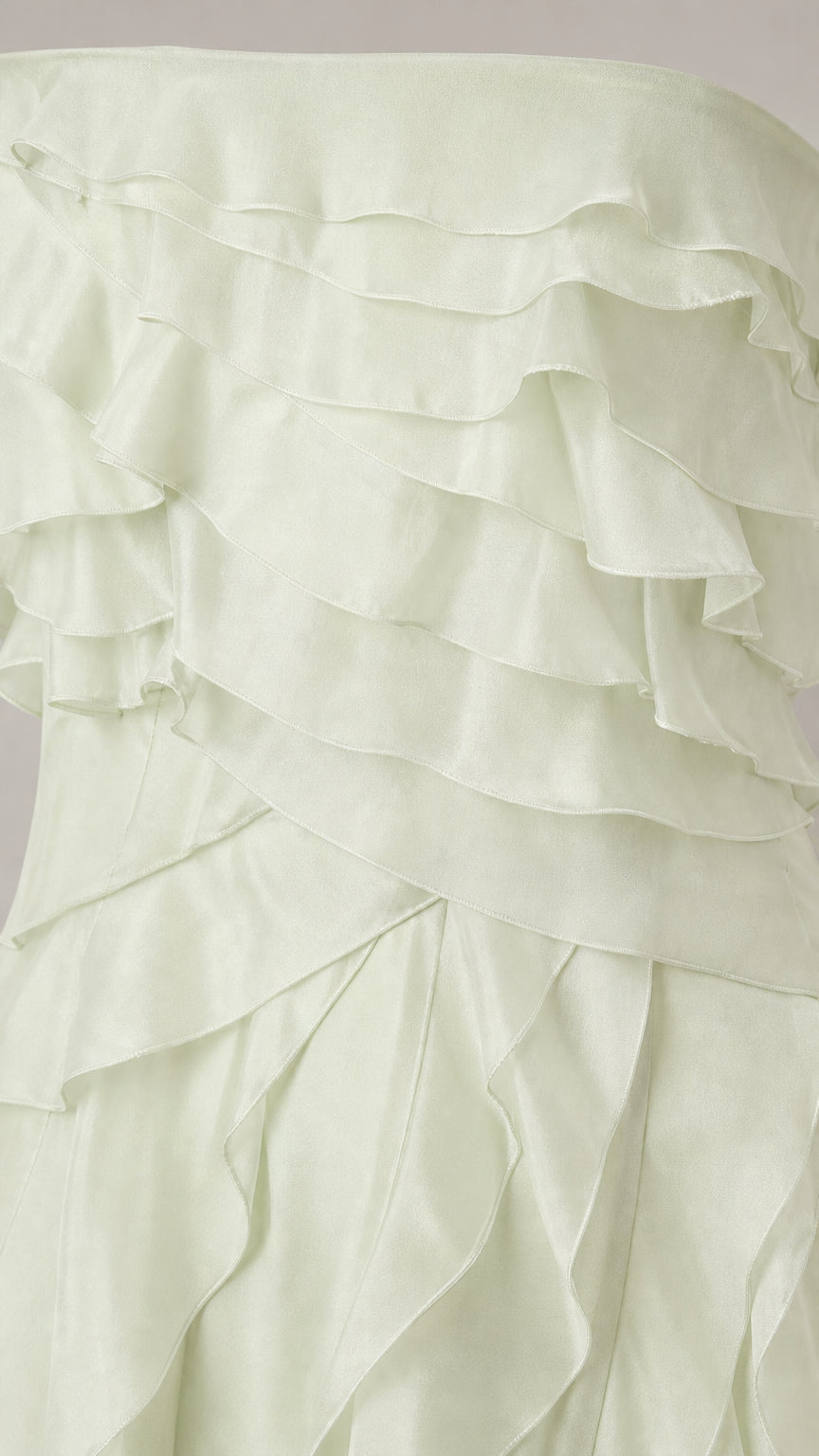 Close-up detail of tiered ruffles on sage green dress