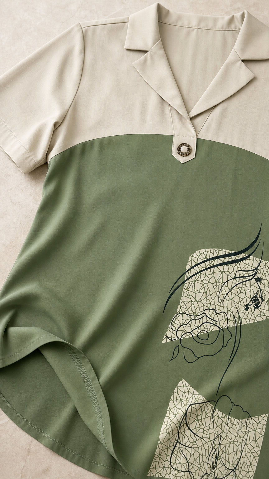 Close-up of lapel collar and graphic print detail on green dress