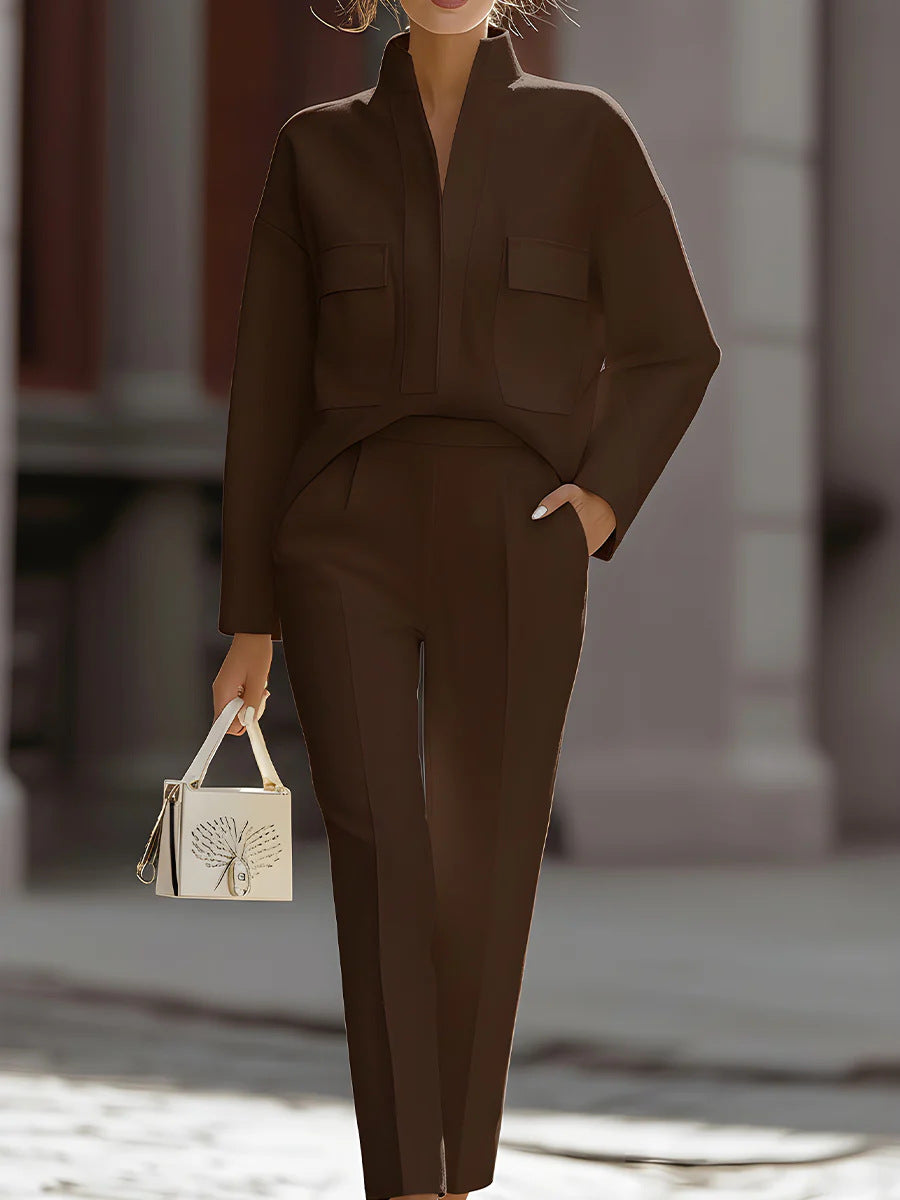Woman wearing brown matching set