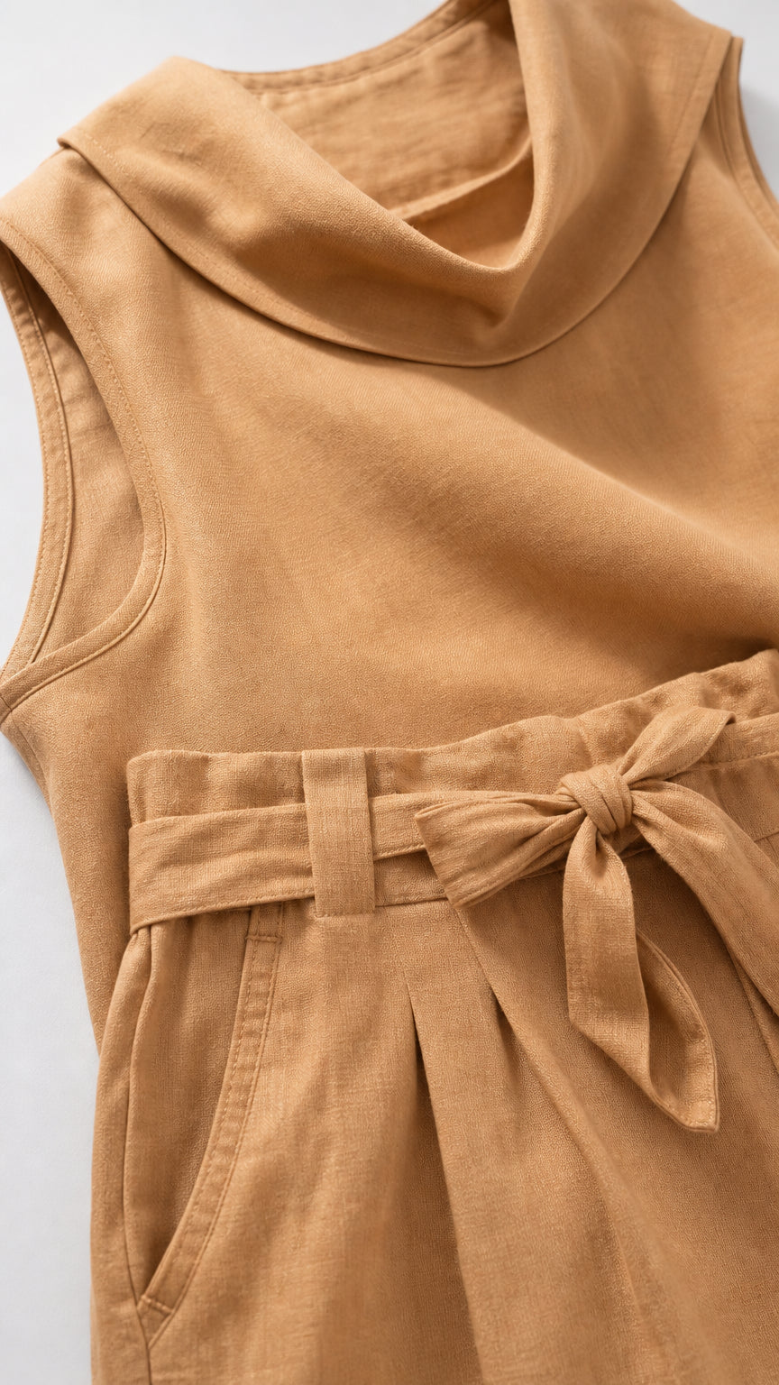 Close up of cowl neckline and tie belt on camel set