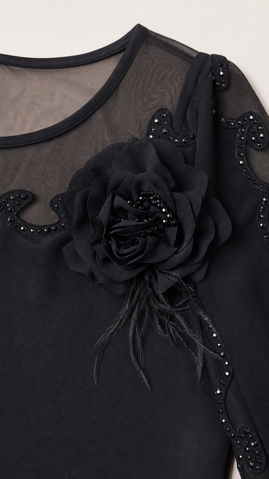 Close up of neckline showing sheer mesh, beaded floral applique and 3/4 sleeve