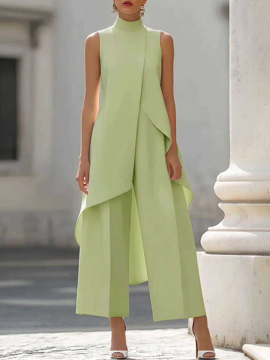 Green Mock Neck Asymmetrical Tunic and Wide-Leg Pants Set