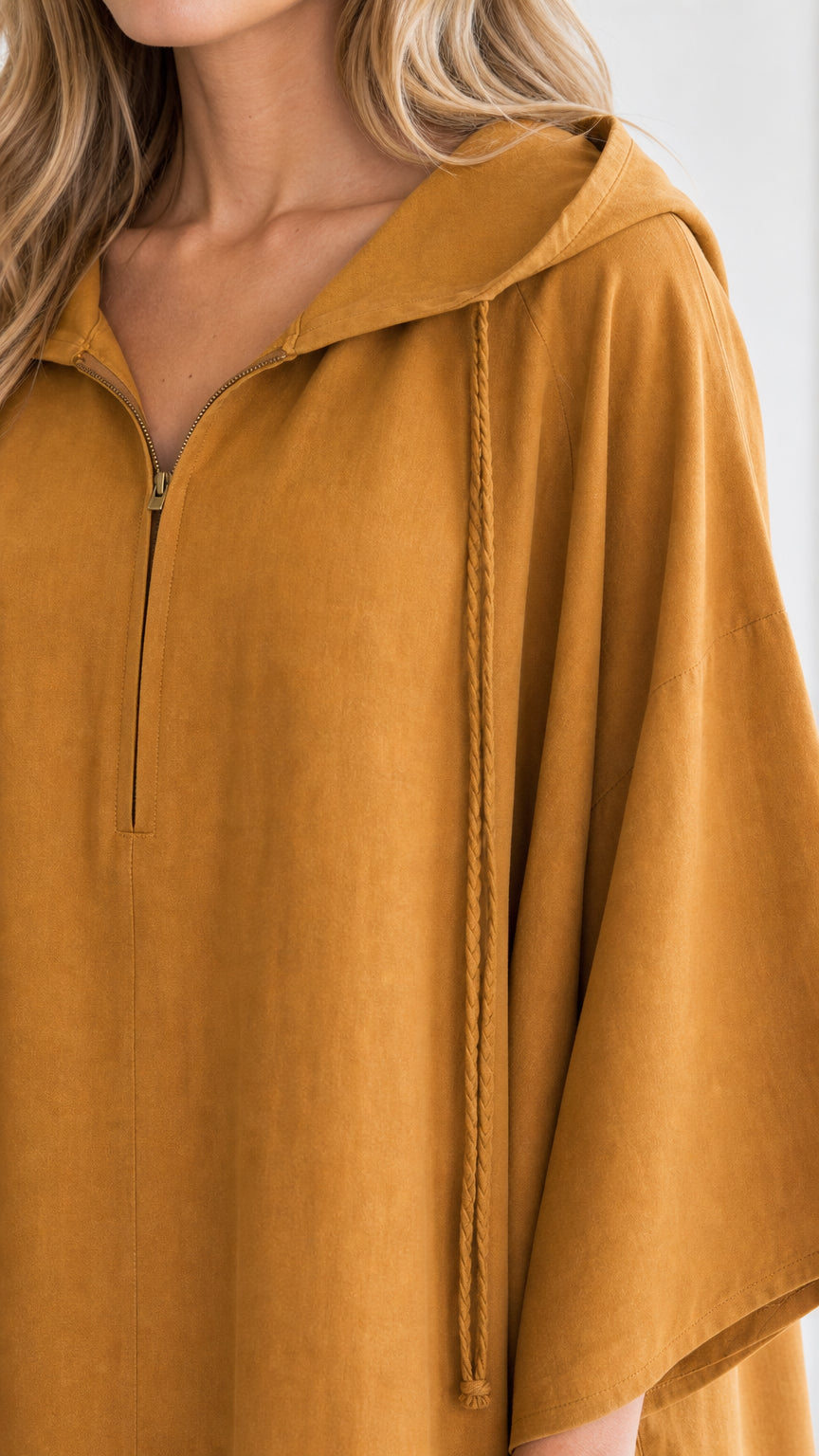 Closeup of hood and half-zip detail in mustard