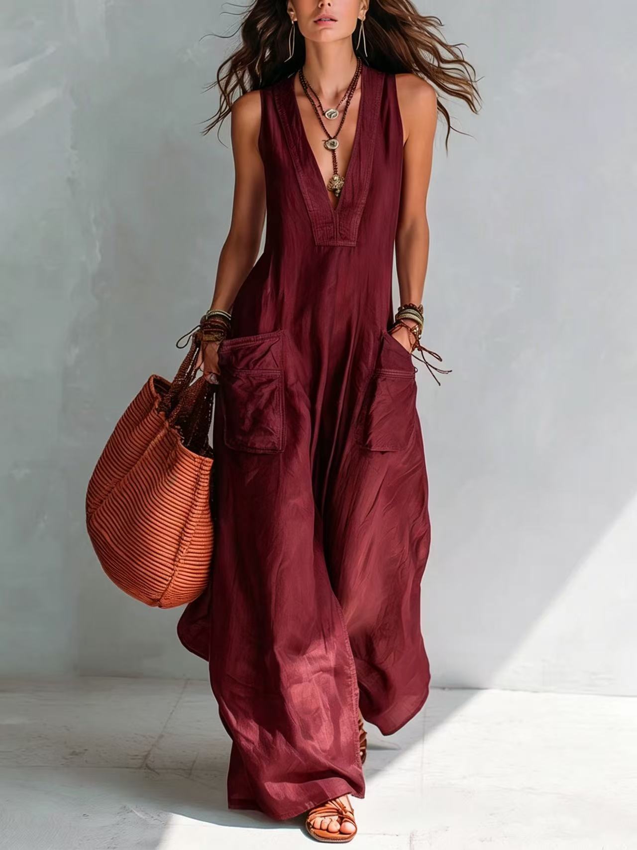 Burgundy V-Neck Sleeveless Pocket Jumpsuit