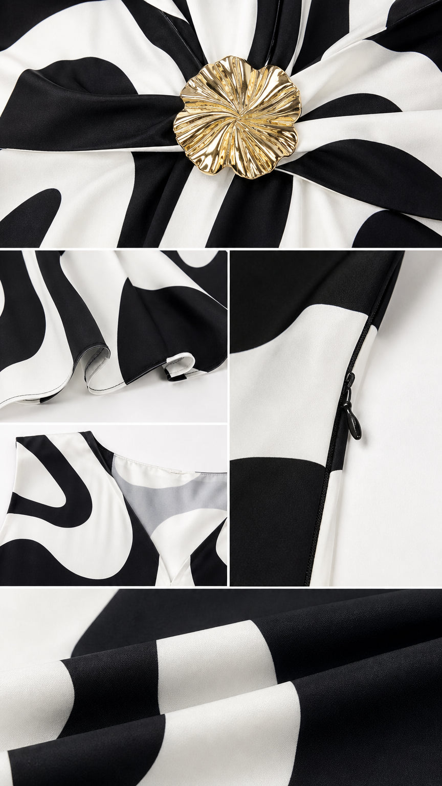 Close-up details of metallic buckle, fabric texture, and side zipper