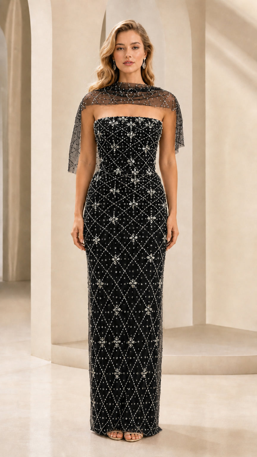 Front view of black beaded strapless evening gown