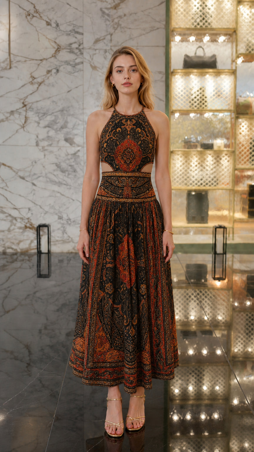 Front view of Black Multi paisley halter midi dress