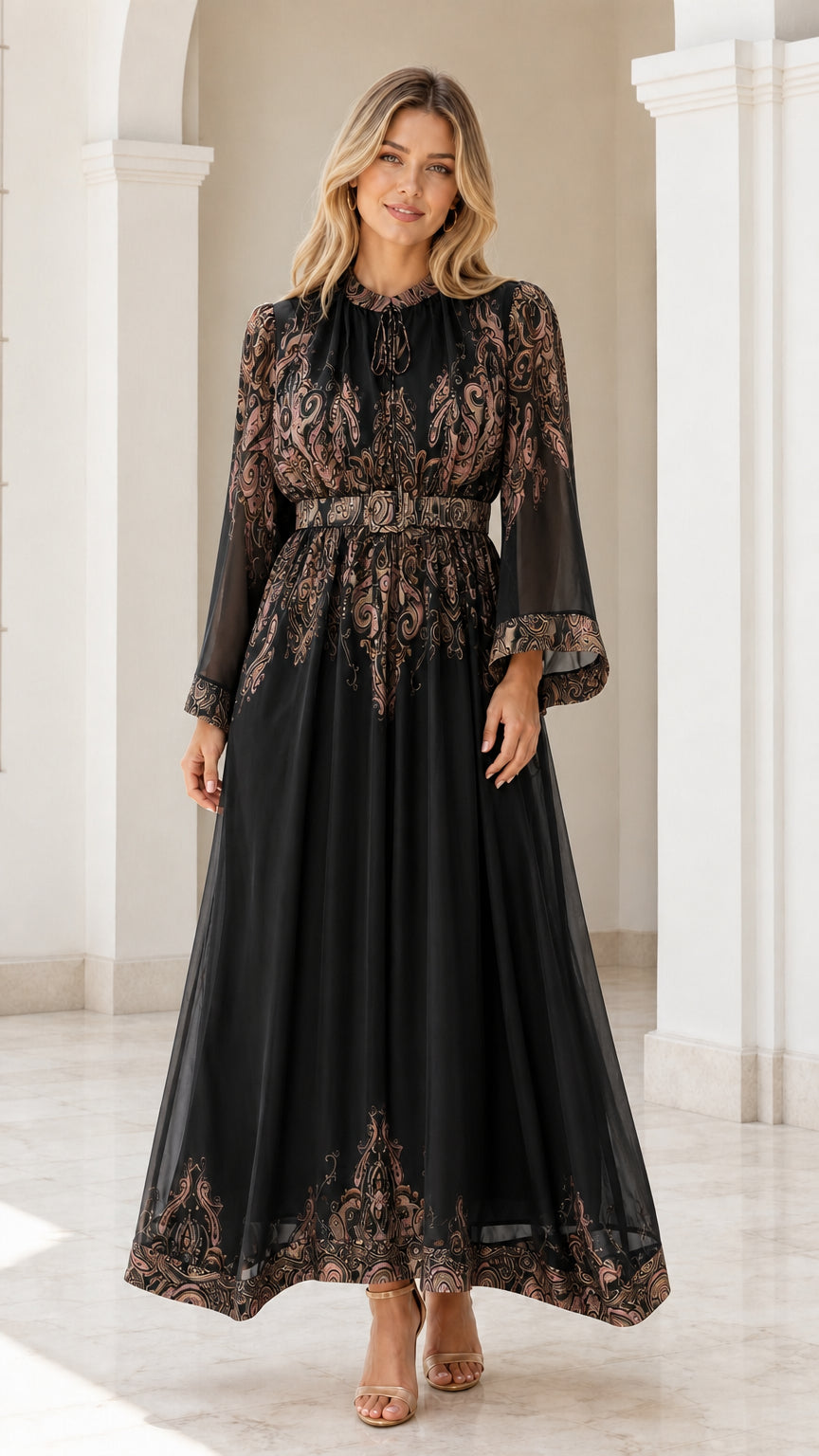 Front view of black paisley maxi dress