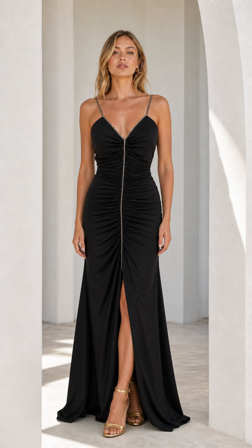 Black Ruched Rhinestone Strap Maxi Dress