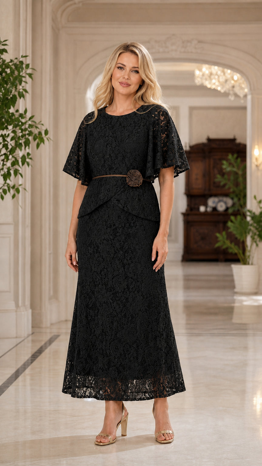 Front view of black lace overlay maxi dress