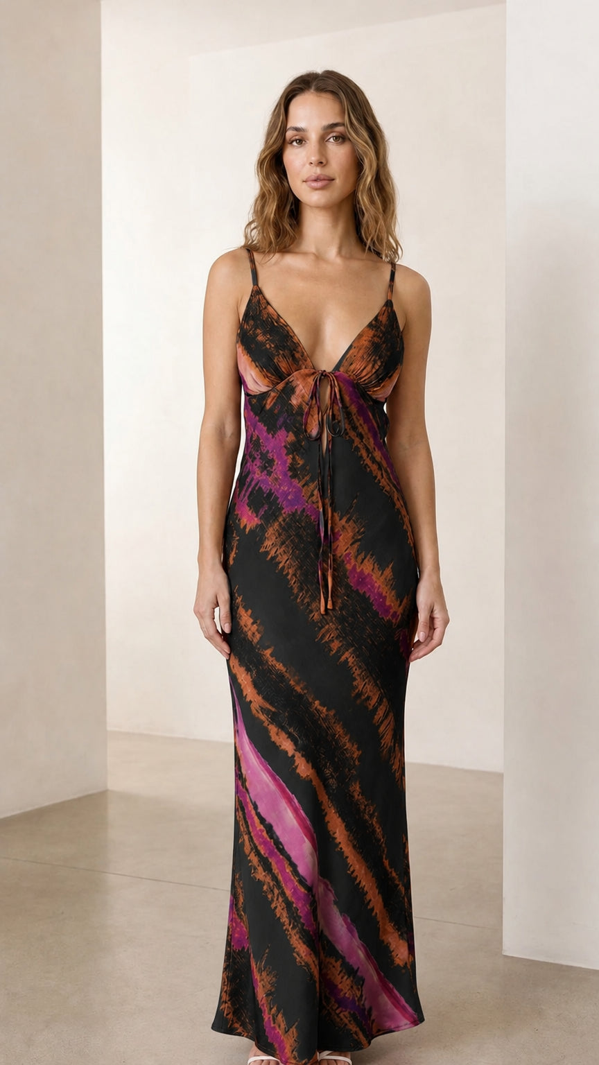 Front view of black tie-dye maxi slip dress variant