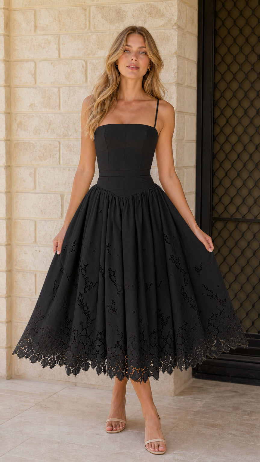 Front view of black midi dress