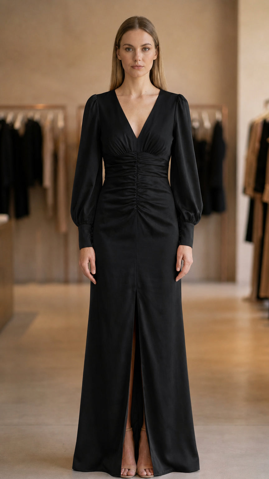 Model wearing black evening maxi dress