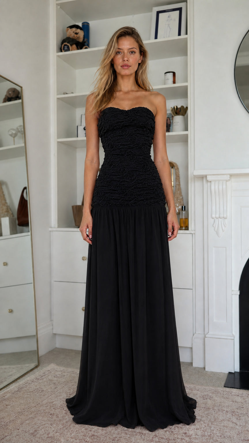 Elegance Strapless Textured Bodice Chiffon Maxi Dress in Black