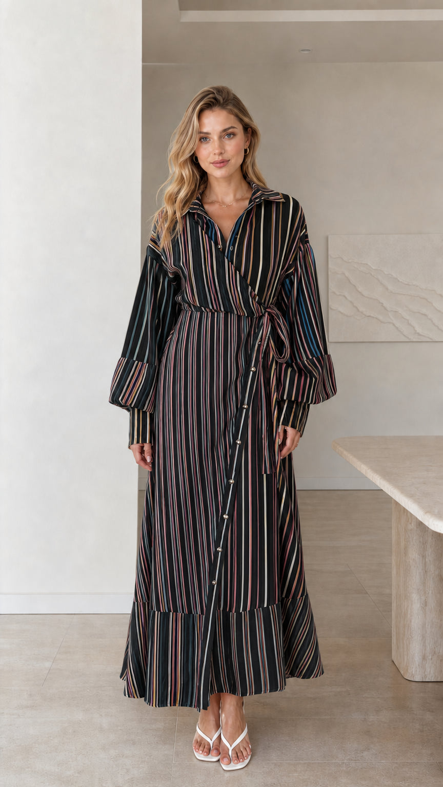 Model wearing black striped wrap maxi dress