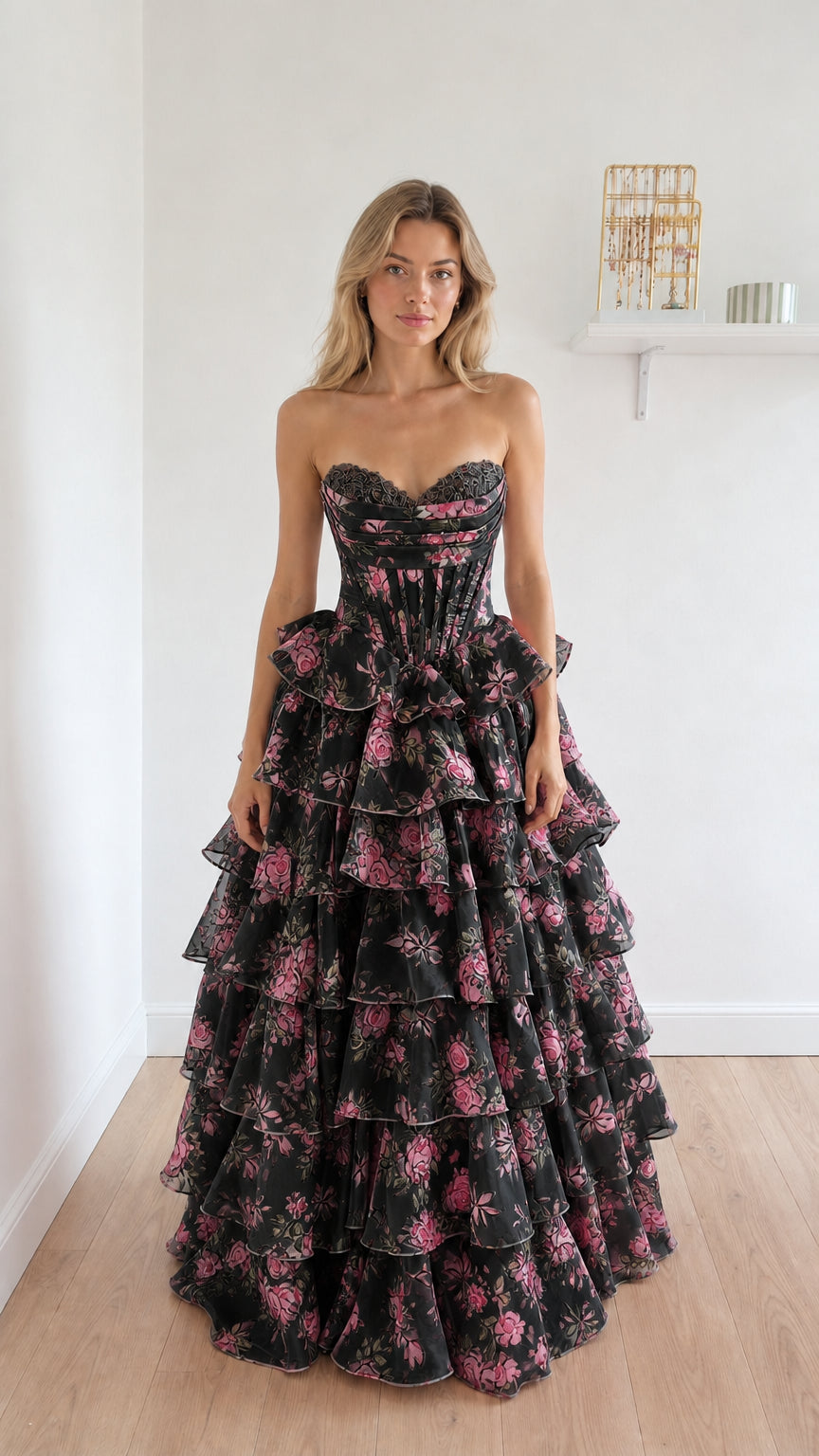 Black floral strapless corset ball gown
