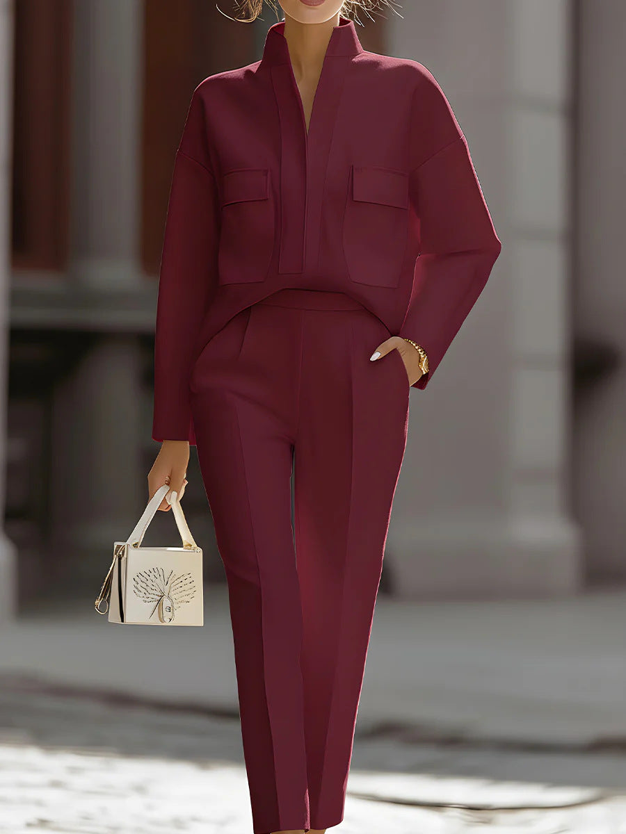 Woman wearing burgundy matching set