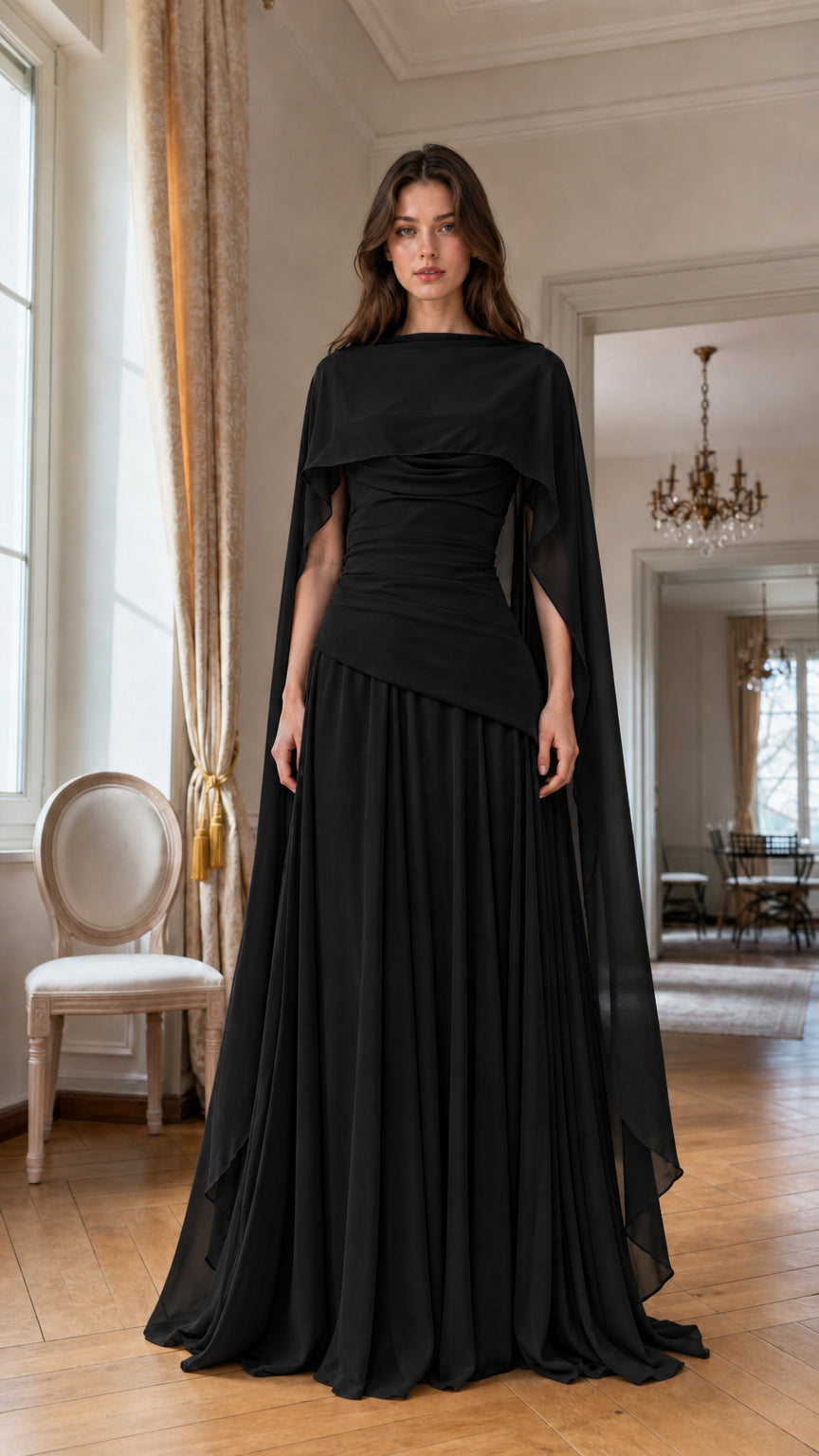 Full front view of Black chiffon evening dress