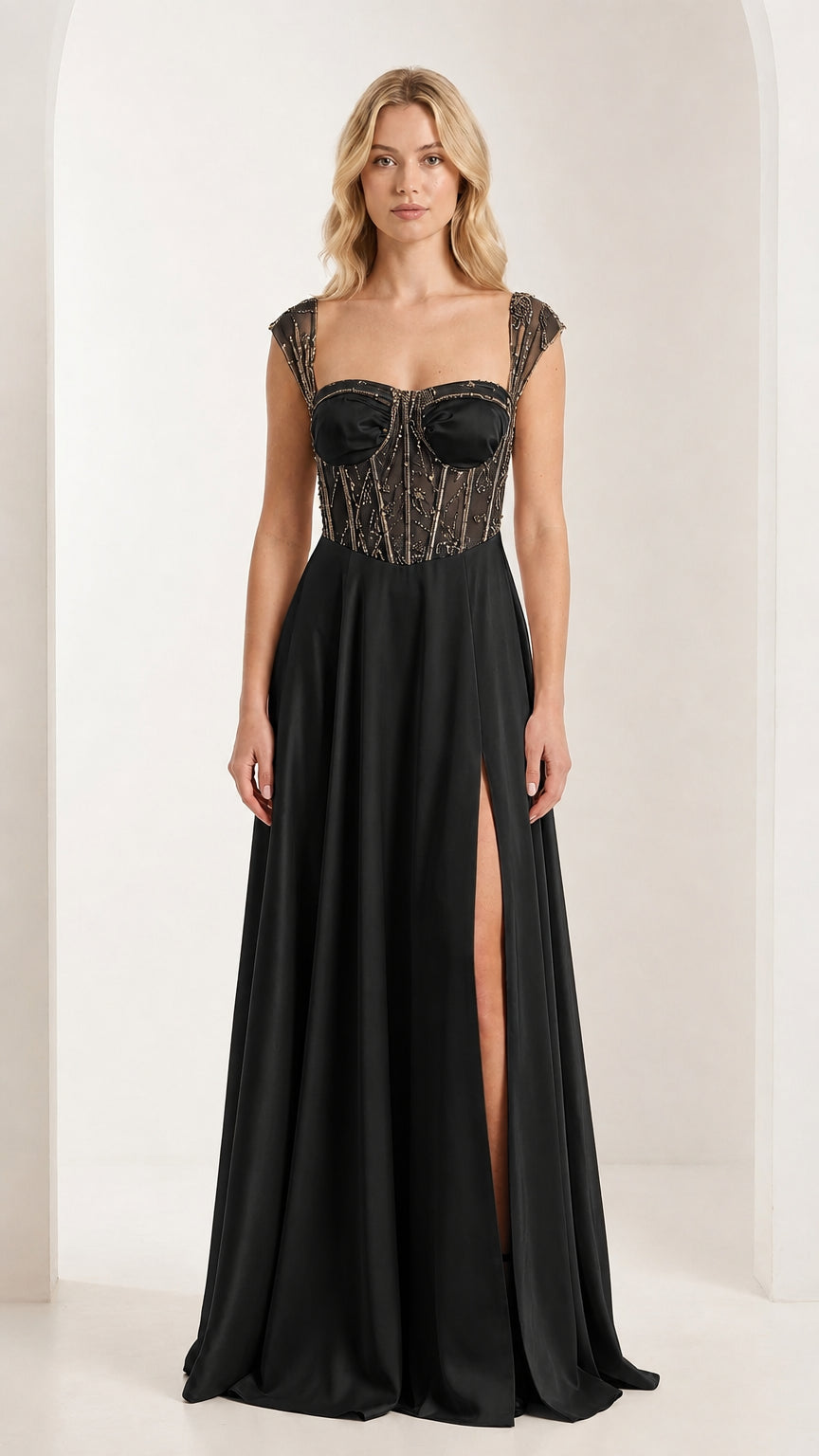 Front view of black corset evening gown