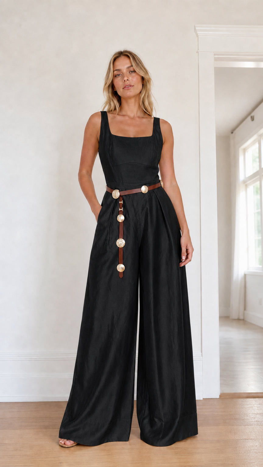 Front view of model wearing black wide leg jumpsuit