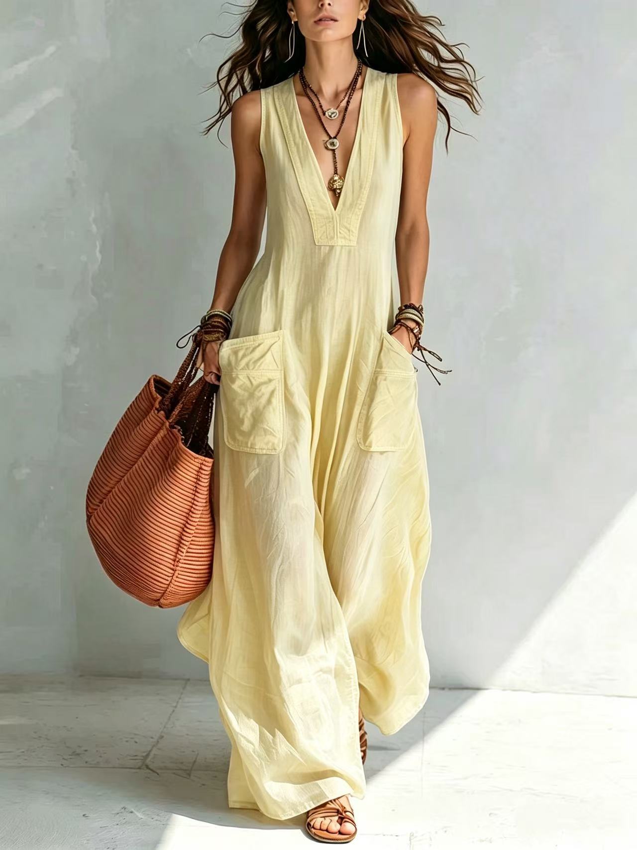 Yellow V-Neck Sleeveless Pocket Jumpsuit