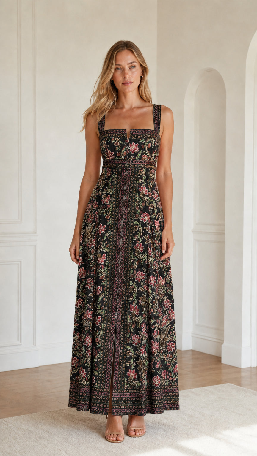 Model wearing black floral print maxi dress