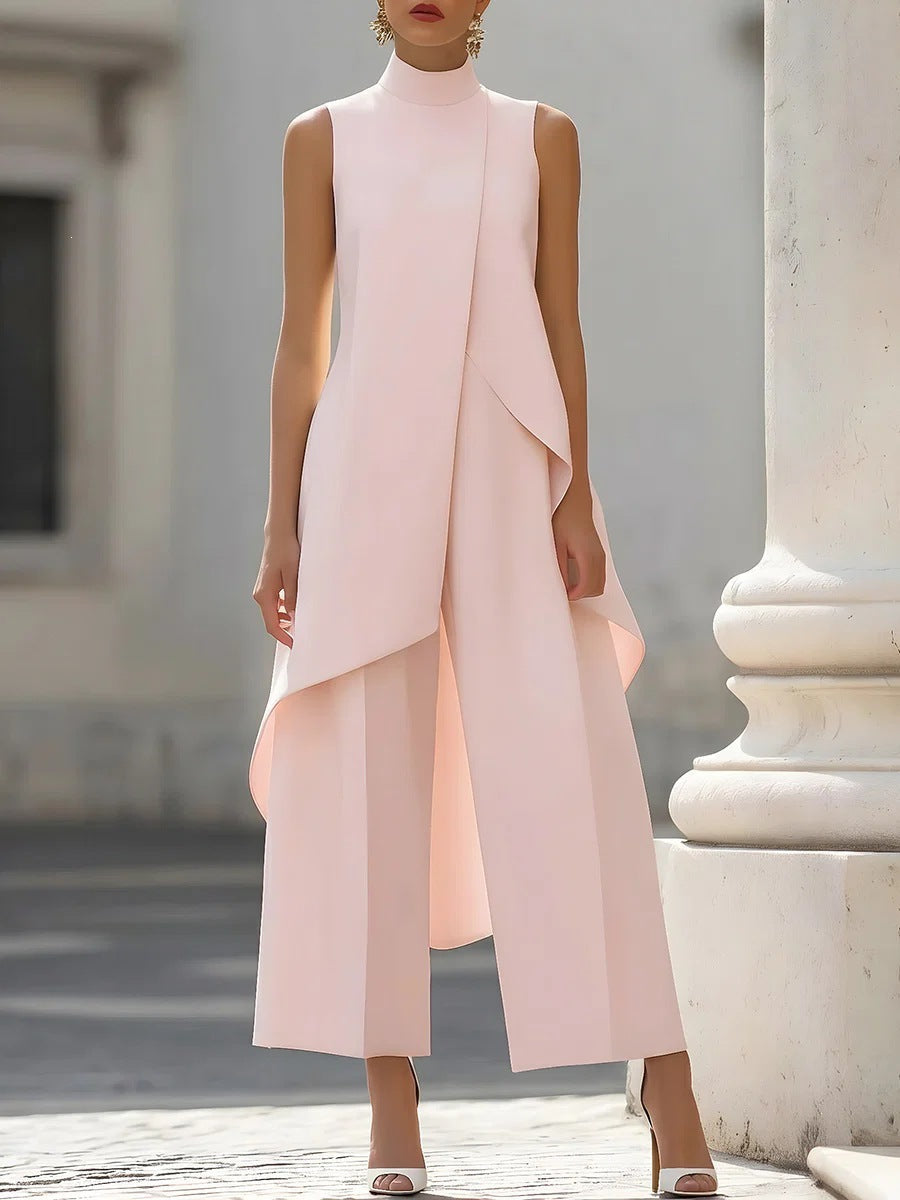 Pink Mock Neck Asymmetrical Tunic and Wide-Leg Pants Set